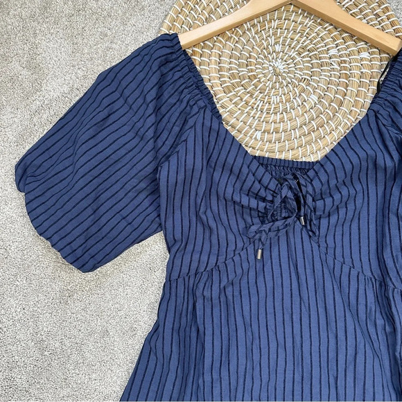 NWT MINKPINK Arielle Midi Dress Shortsleeve Striped Smocked Back Navy Black S - Picture 4 of 16